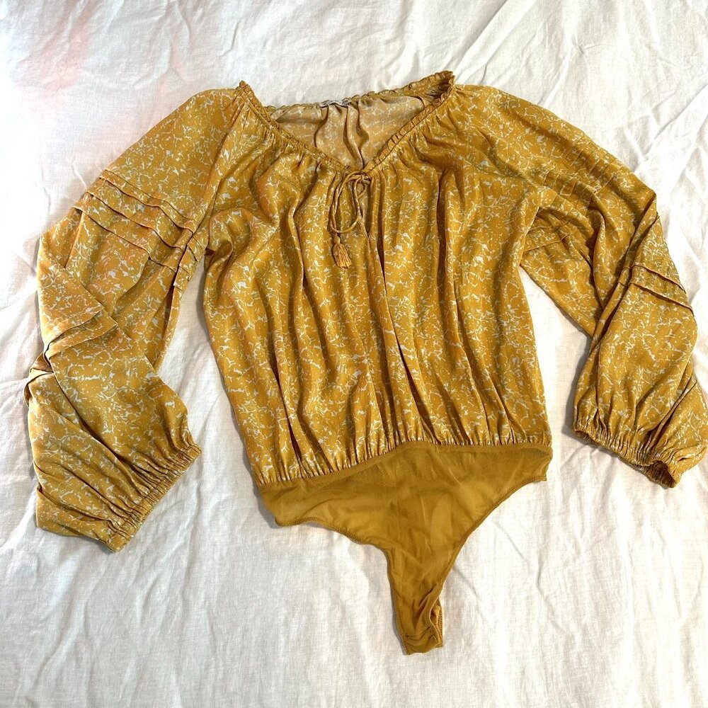 Free People Mustard Yellow Floral Peasant Bodysuit